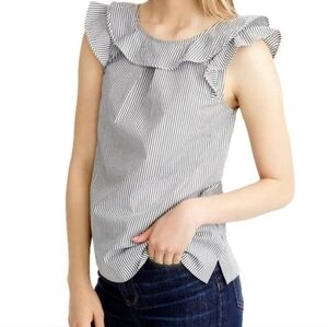 J Crew Flutter Top Womens 10 Gray White Striped Ruffle Poplin Shirt